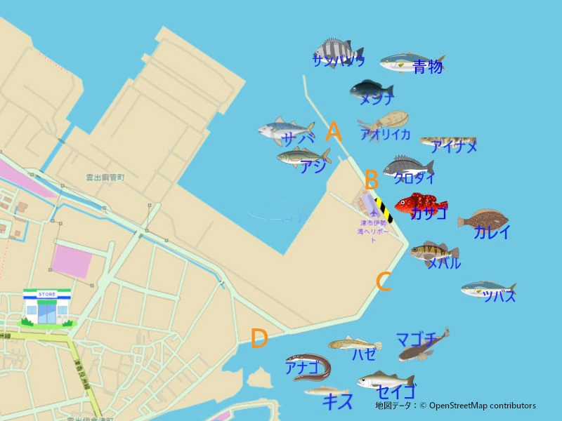 津日本鋼管の釣り場地図(OpenStreetMapを加工し、釣り可能エリア・魚のイラスト・コンビニを表示)