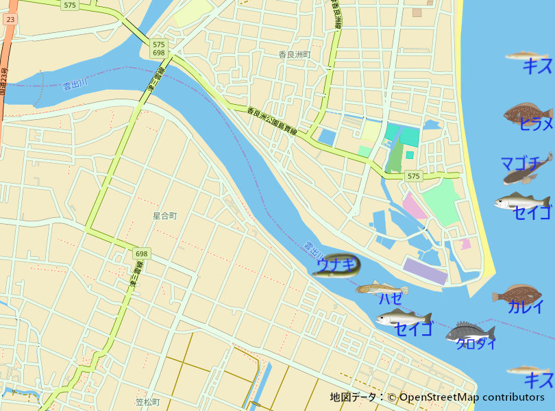 雲出川河口&香良洲海岸の釣り場地図。釣れる魚のイラスト付きで、駐車場・トイレ・釣り可能場所を表示。