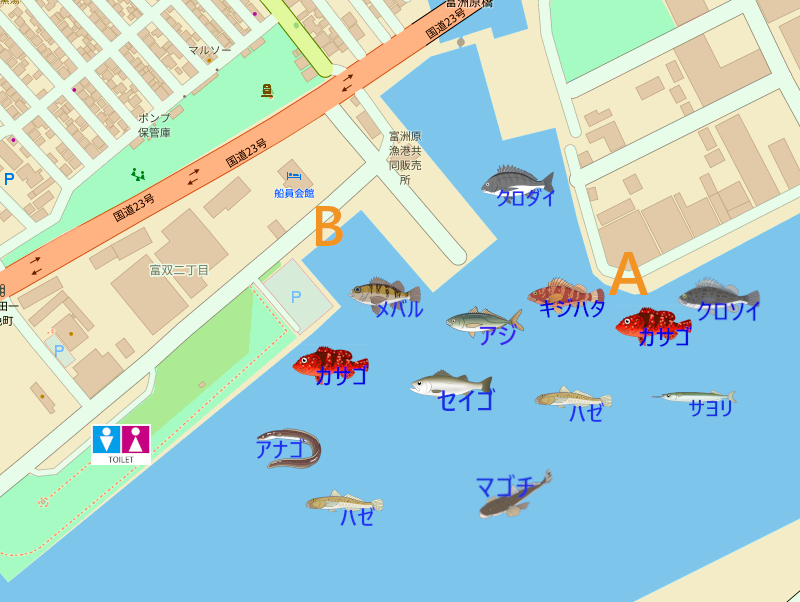 富洲原港周辺の釣り場地図。釣れる魚のイラスト付きで、駐車場・トイレ・釣り可能場所を表示。
