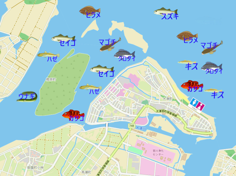 宮川河口の釣り場地図。釣れる魚のイラスト付きで、駐車スペース・トイレ・釣り可能場所を表示。