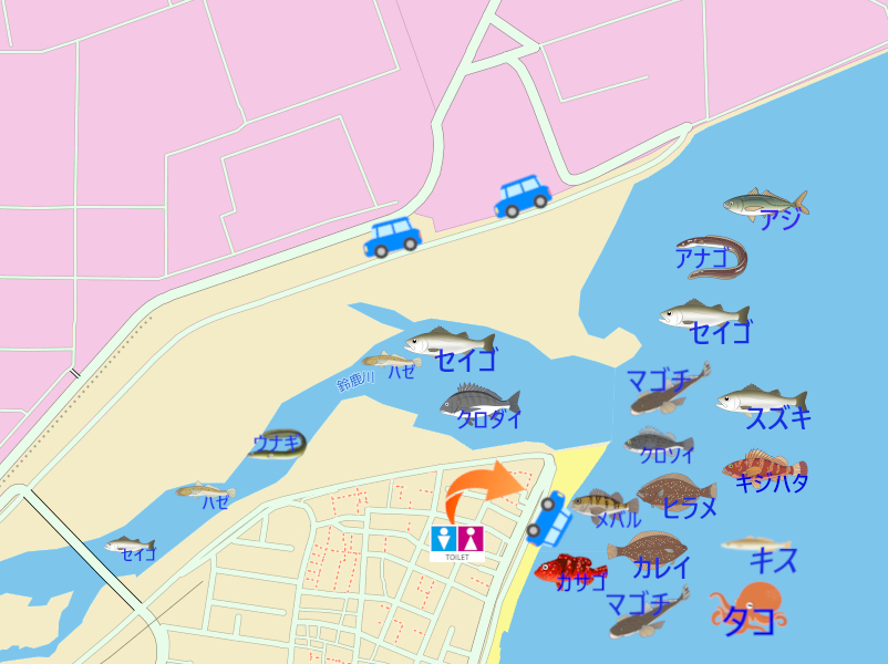 鈴鹿川河口の釣り場地図。釣れる魚のイラスト付きで、駐車スペース・トイレ・釣り可能場所を表示。
