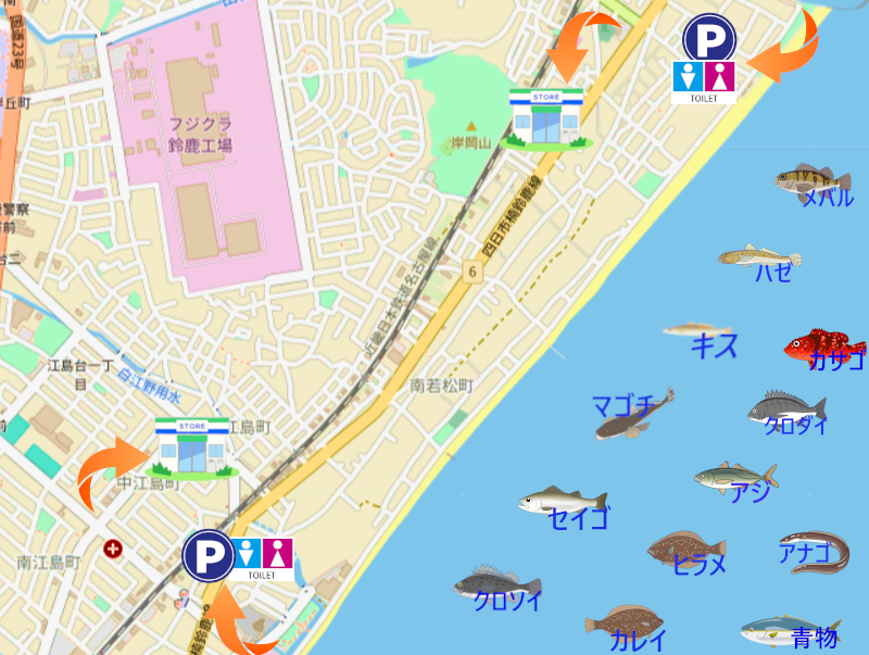 千代崎サーフの釣り場地図。釣れる魚のイラスト付きで、駐車場・トイレ・コンビニ・釣り可能場所を表示。