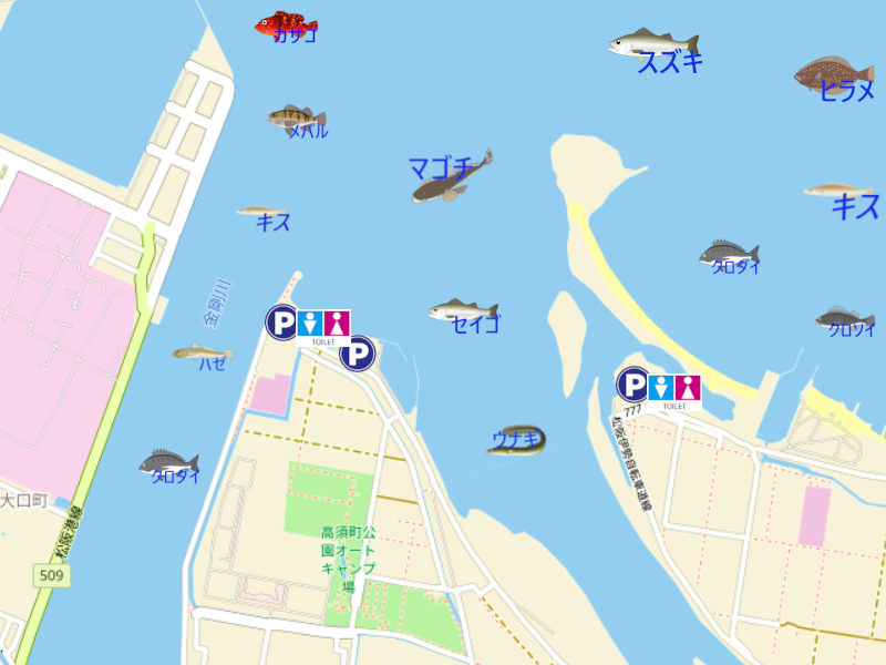 櫛田川河口・金剛川河口の釣り場地図。釣れる魚のイラスト付きで、駐車場・トイレ・釣り可能場所を表示。