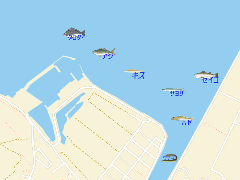 阪内川河口・猟師漁港の釣り場地図。釣れる魚のイラスト付きで、釣り可能場所を表示。