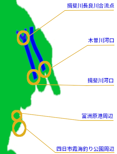 三重県北部の釣り場マップ（木曽川河口、揖斐川河口、揖斐川・長良川合流点、四日市霞釣り公園、富洲原漁港の5つのポイントに分けて表示）|モバイル用釣り場マップ