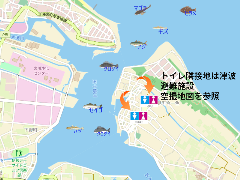 五十鈴川河口の釣り場地図。釣れる魚のイラスト付きで、トイレ・釣り可能場所・津波避難施設を表示。