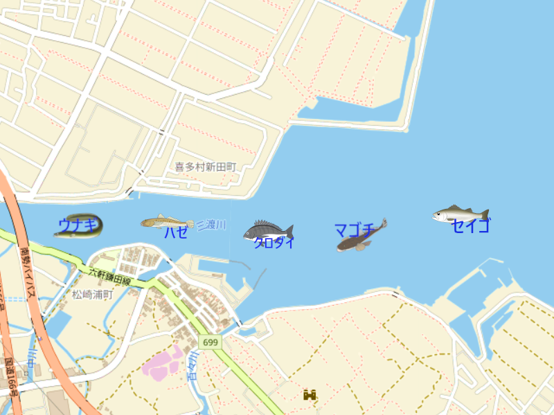 三渡川河口 & 松ヶ崎漁港の釣り場地図。釣れる魚のイラスト付きで、釣り場所を表示。