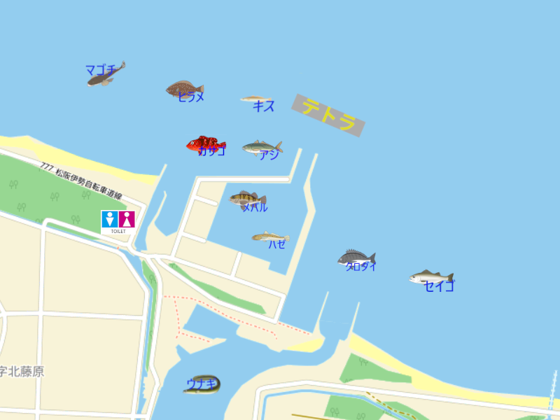下御糸漁港、祓川、周辺サーフの釣り場地図。釣れる魚のイラスト付きで、駐車スペース・トイレ・釣り可能場所を表示。