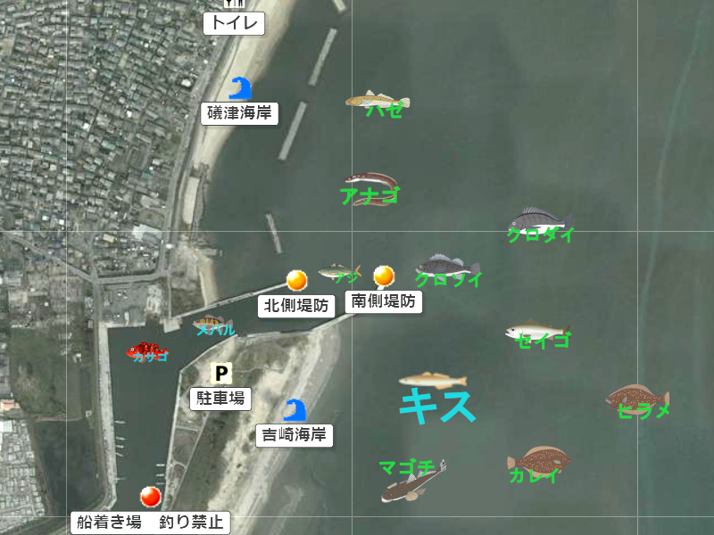 磯津漁港 ・ 吉崎海岸の釣り場地図。釣れる魚のイラスト付きで、駐車スペース・釣り可能場所・釣り禁止情報を表示。