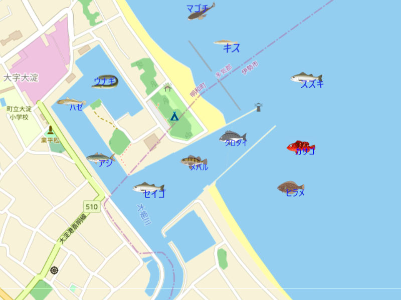 大淀漁港の釣り場地図。釣れる魚のイラスト付きで、釣り可能場所を表示。