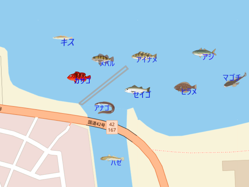 五十鈴川派川河口 & 神前(こうざき)海岸の釣り場地図。釣れる魚のイラスト付きで釣り可能場所を表示。