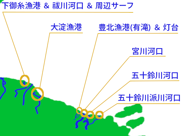 伊勢～明和町の釣り場マップ（下御糸漁港・祓川河口・周辺サーフ、大淀漁港、宮川河口、五十鈴川河口、五十鈴川派川河口・神前海岸の5つのポイントに分けて表示）|PPC用釣り場マップ