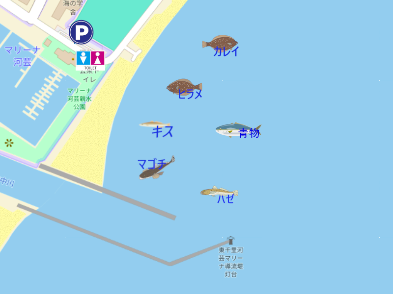 マリーナ河芸・マリーナサーフ周辺の釣り場地図(OpenStreetMapを加工し、釣り可能エリア・魚のイラスト・駐車場・トイレを表示)