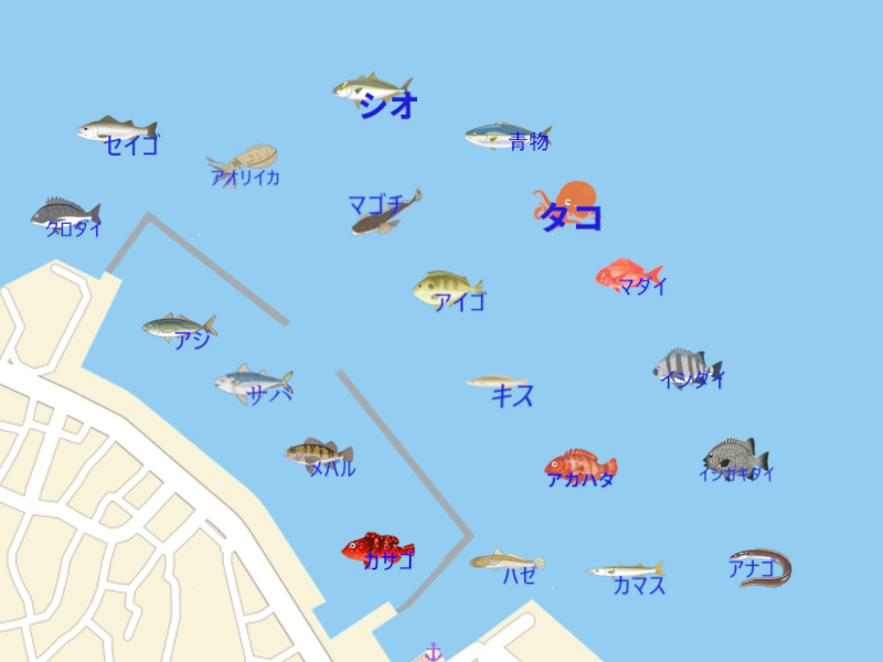 浜島港の釣り場地図。釣れる魚のイラスト付きで、駐車スペース・釣り可能場所を表示。