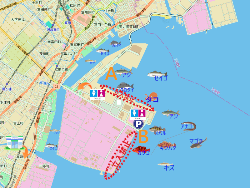四日市霞釣り公園周辺の釣り場地図。釣れる魚のイラスト付きで、駐車場・トイレ・コンビニ・釣り可能場所・立入禁止情報を表示。