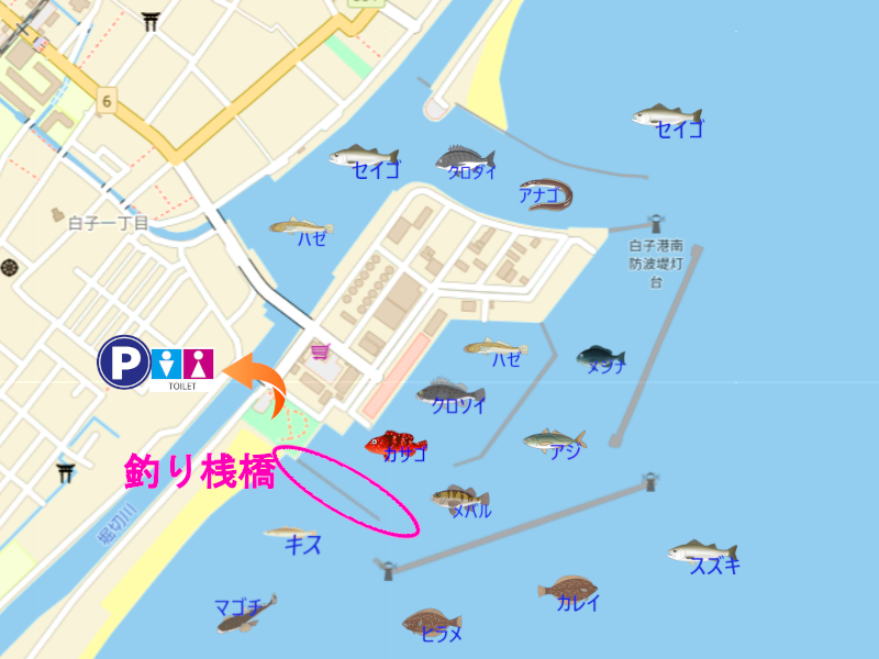白子漁港・周辺サーフの釣り場地図。釣れる魚のイラスト付きで、駐車場・トイレ・釣り可能場所を表示。