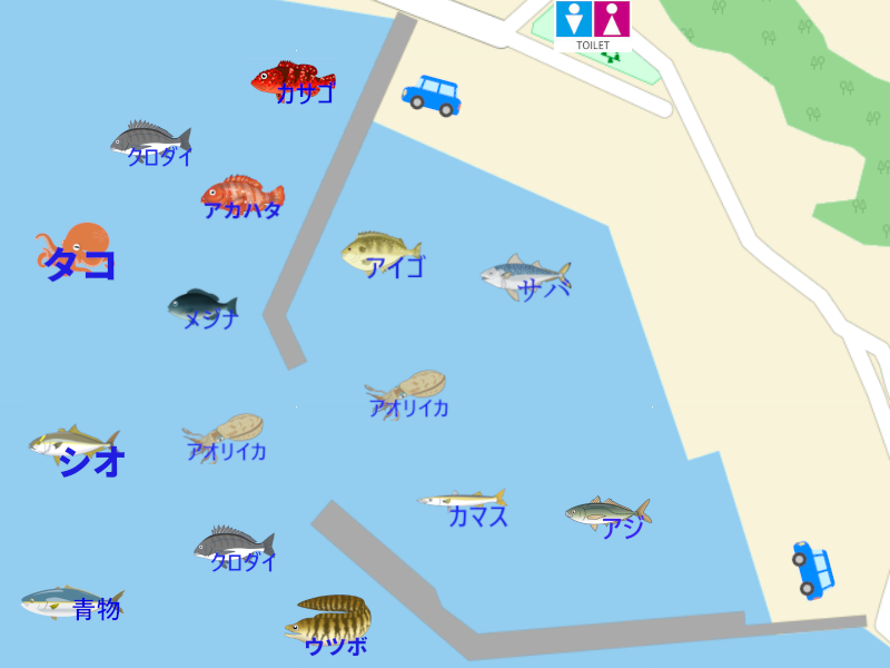 片田漁港の釣り場地図。釣れる魚のイラスト付きで、駐車スペース・トイレ・釣り可能場所を表示。