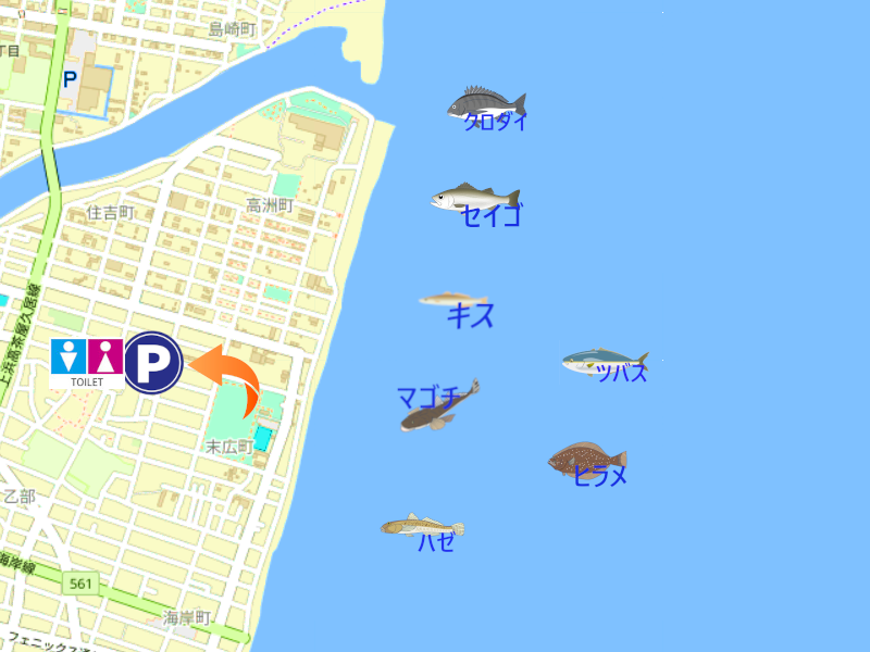 海浜公園周辺サーフの釣り場地図(OpenStreetMapを加工し、釣り可能エリア・魚のイラスト・駐車可能場所・トイレを表示)
