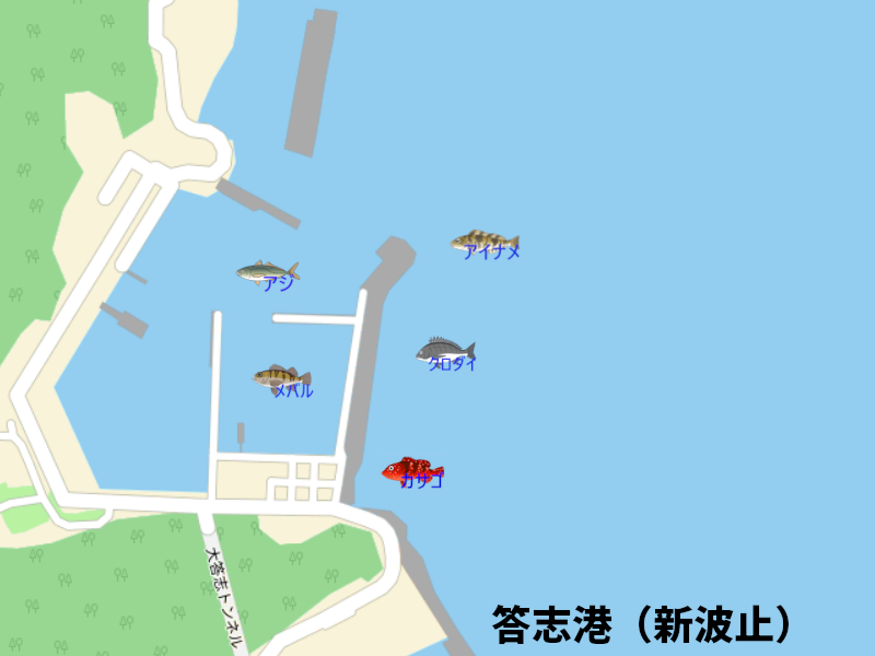答志港の釣り場地図。釣れる魚のイラスト付きで、釣り可能場所を表示。