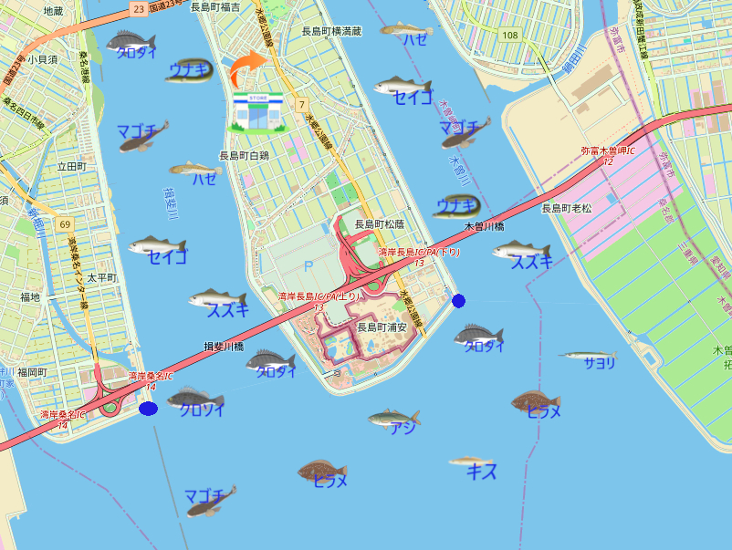 揖斐川河口の釣り場地図。釣れる魚のイラスト付きで、コンビニ・トイレ・釣り可能場所を表示。