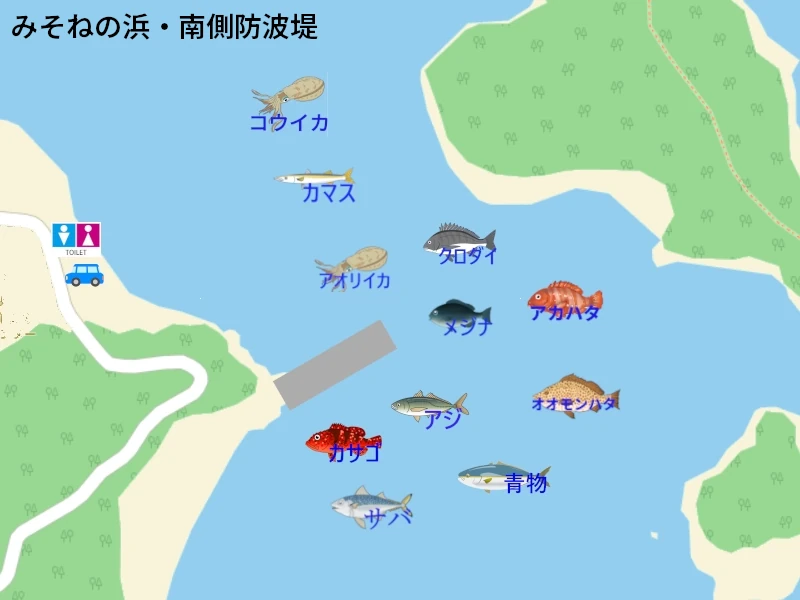 贄浦の釣り用の釣り場地図。釣れる魚のイラスト付きで、釣り場所を紹介。トイレ、駐車スペースも地図に表記。