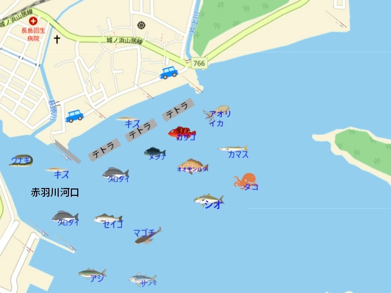 赤羽川河口の釣り|釣り場の案内地図。釣れる魚のイラスト付きで、釣り場所を紹介。トイレ、駐車スペースも地図に表記。