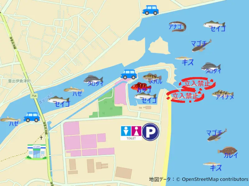 alt="雲出川河口・香良洲漁港・香良洲サーフ周辺の釣れる魚、駐車スペース、立入禁止区域を示したイラストマップ"