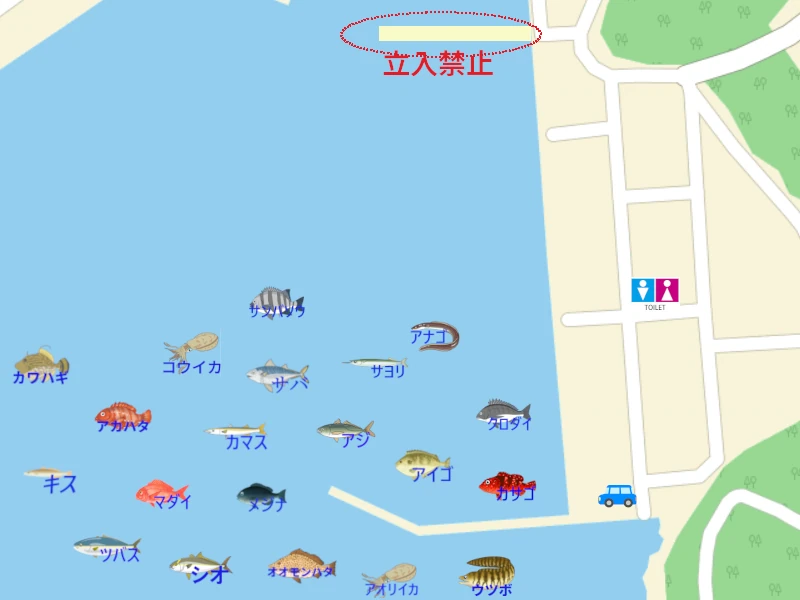 奈屋浦の釣り用の釣り場地図。釣れる魚のイラスト付きで、釣り場所を紹介。トイレ、駐車スペースも地図に表記。