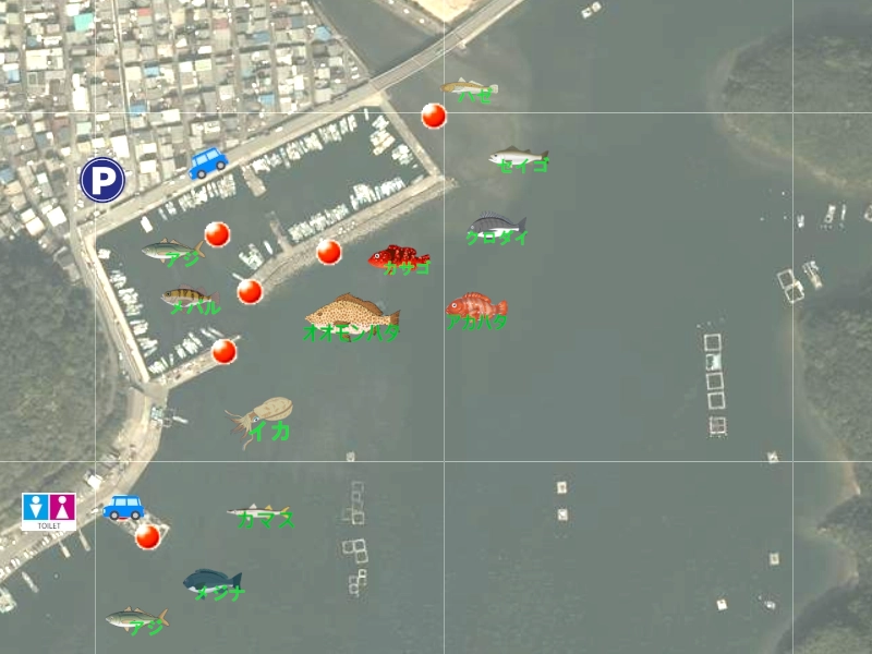 古和浦の釣り用の釣り場地図。釣れる魚のイラスト付きで、釣り場所を紹介。トイレ、駐車スペースも地図に表記。