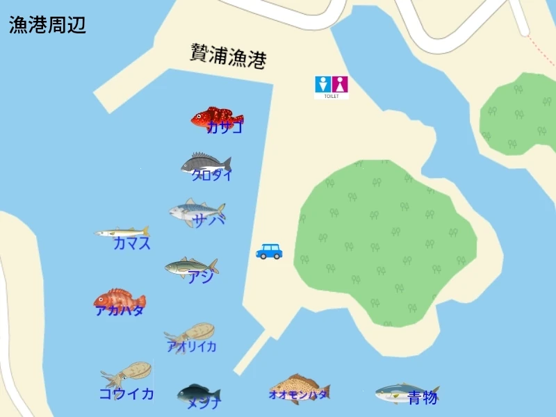 贄浦の釣り用の釣り場地図。釣れる魚のイラスト付きで、釣り場所を紹介。トイレ、駐車スペースも地図に表記。
