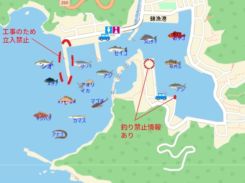 錦漁港の釣り場地図。釣れる魚のイラスト付きで、釣り場所を紹介。トイレ、駐車スペースや立ち入り禁止・釣り禁止も地図に表記。