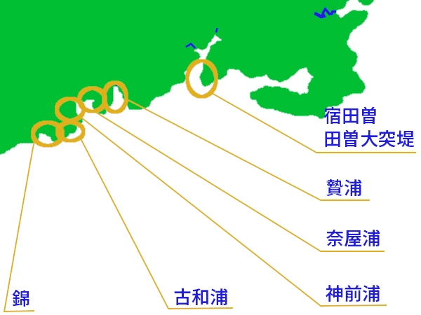 宿田曽・田曽大突堤の釣り、贄浦の釣り、奈屋浦の釣り、神前浦の釣り、古和浦の釣り、錦の釣りの6つのポイントに分けて表示|PC用釣り場マップ