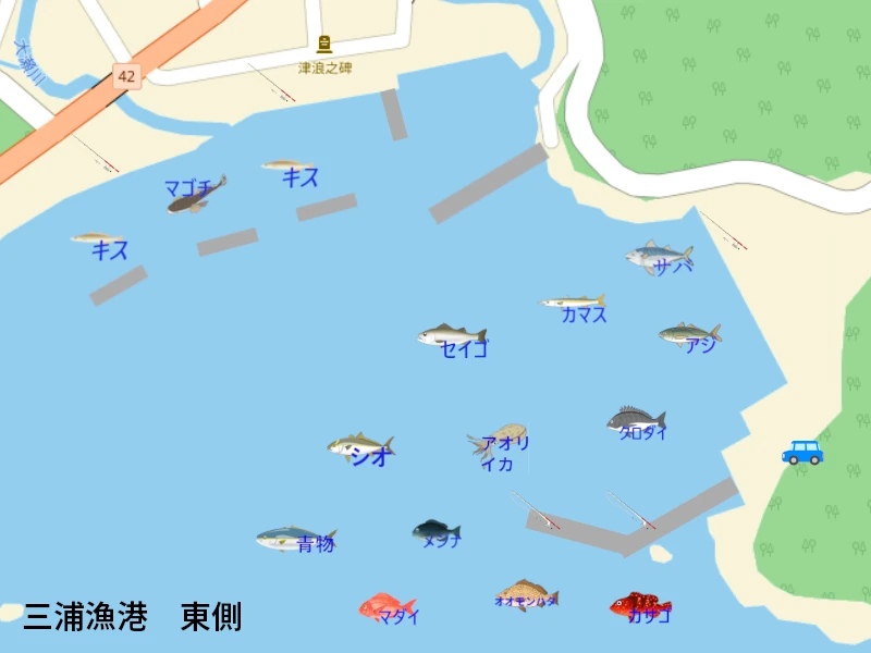 三浦漁港の釣り|釣り場の案内地図。釣れる魚のイラスト付きで、釣り場所を紹介。トイレ、駐車スペースも地図に表記。