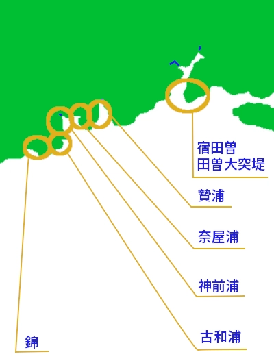 宿田曽・田曽大突堤の釣り、贄浦の釣り、奈屋浦の釣り、神前浦の釣り、古和浦の釣り、錦の釣りの6つのポイントに分けて表示|モバイル用釣り場マップ