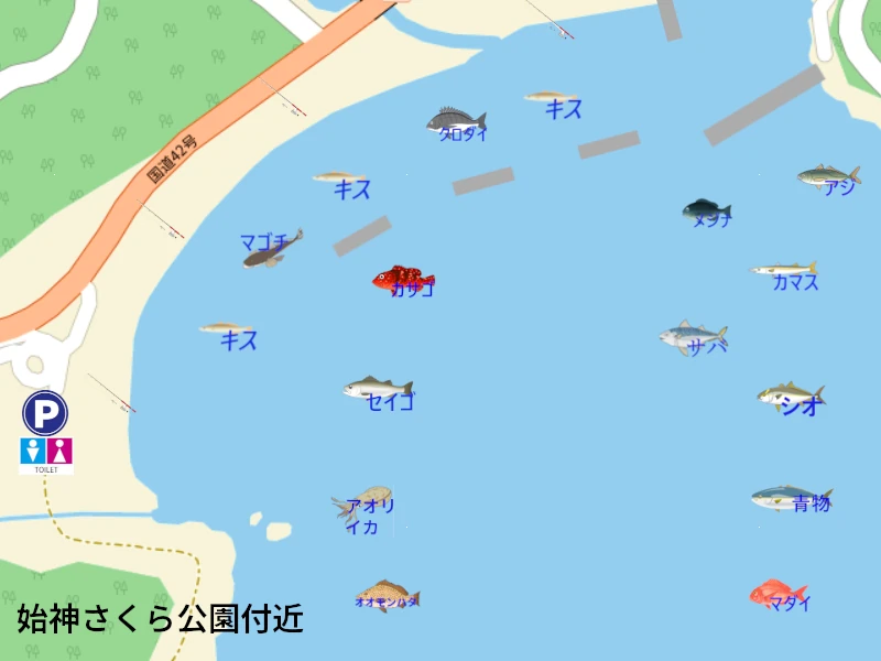 紀伊長島三浦の釣り|釣り場の案内地図。釣れる魚のイラスト付きで、釣り場所を紹介。トイレ、駐車スペースも地図に表記。