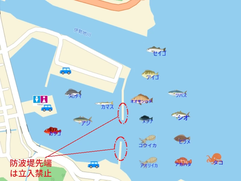 神前浦の釣り用の釣り場地図。釣れる魚のイラスト付きで、釣り場所を紹介。トイレ、駐車スペースも地図に表記。