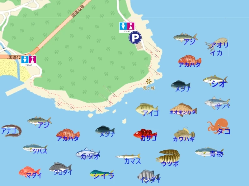 鬼ヶ城(おにがじょう)の釣り場案内地図。釣りができる場所をイラストで示し、代表的な釣れる魚(メジナ、アカハタ、シオ、カツオなど)のイラスト付き。トイレや駐車スペースの位置も地図上に明示され、初心者にもわかりやすい内容。