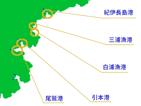 紀伊長島港の釣り、三浦漁港の釣り、白浦漁港の釣り、引本港釣り、尾鷲港の釣りを5つのページに分けて表示|PC用釣り場マップ