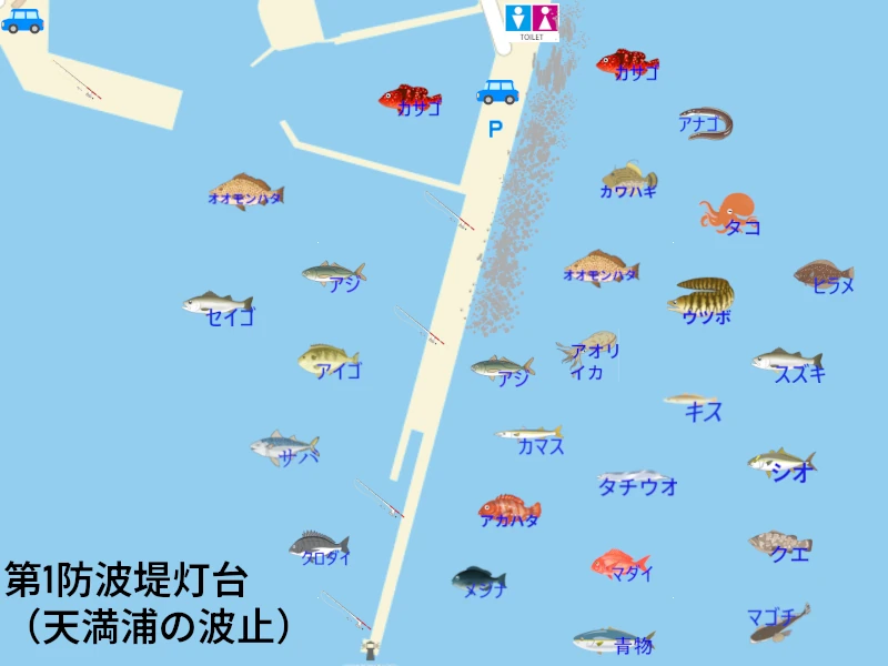 尾鷲港の釣り｜釣り場の案内地図。釣れる魚のイラスト付きで、釣り場所を紹介。トイレ、駐車スペースも地図に表記。