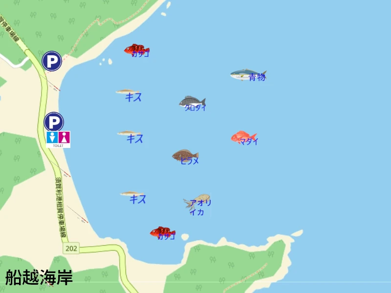 船越海岸の釣り|釣り場の案内地図。釣れる魚のイラスト付きで、釣り場所を紹介。トイレ、駐車場も地図に表記。