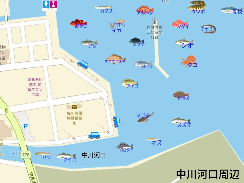 尾鷲港の釣り｜釣り場の案内地図。釣れる魚のイラスト付きで、釣り場所を紹介。トイレ、駐車スペースも地図に表記。