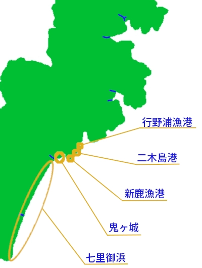 行野浦漁港の釣り、二木島港の釣り、新鹿漁港の釣り、鬼ヶ城の釣り、七里御浜の釣りを5つのページに分けて表示|モバイル用釣り場マップ