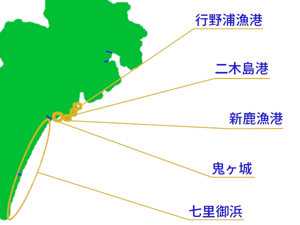 行野浦漁港の釣り、二木島港の釣り、新鹿漁港の釣り、鬼ヶ城の釣り、七里御浜の釣りを5つのページに分けて表示|PC用釣り場マップ