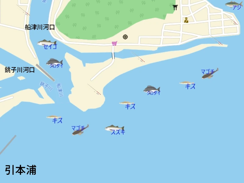 引本浦の釣り|釣り場の案内地図。釣れる魚のイラスト付きで、釣り場所を紹介。