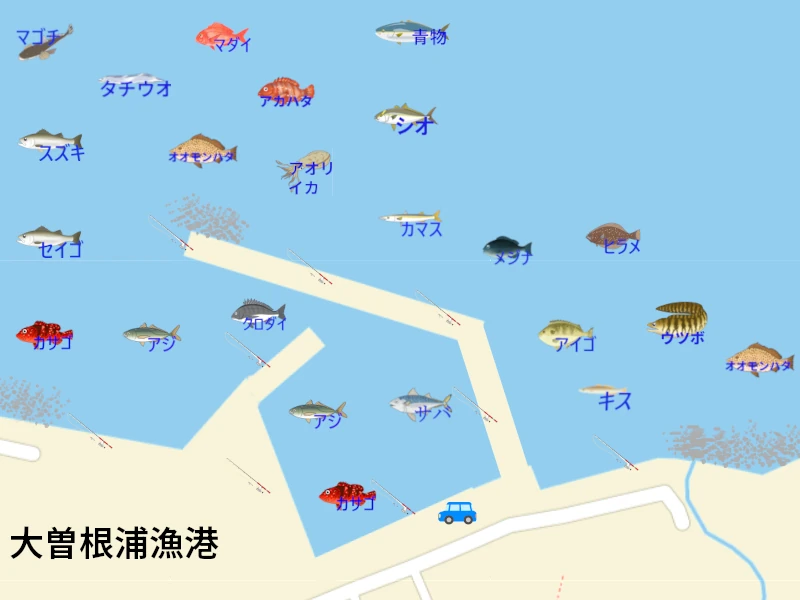 尾鷲港の釣り｜釣り場の案内地図。釣れる魚のイラスト付きで、釣り場所を紹介。駐車スペースも地図に表記。