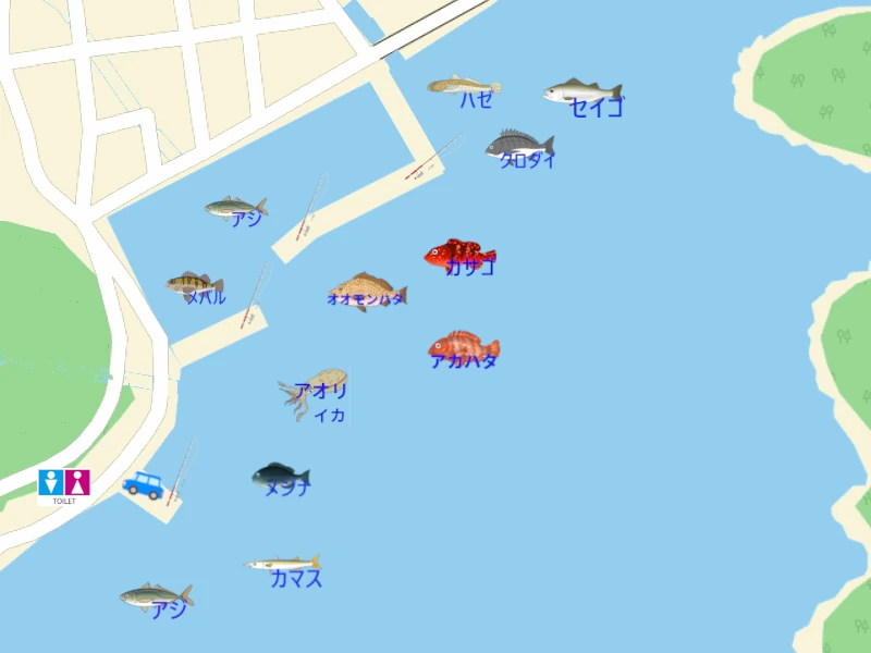 古和浦の漁港の釣り場地図。釣れる魚、駐車スペース、トイレがイラストでわかりやすく表示。