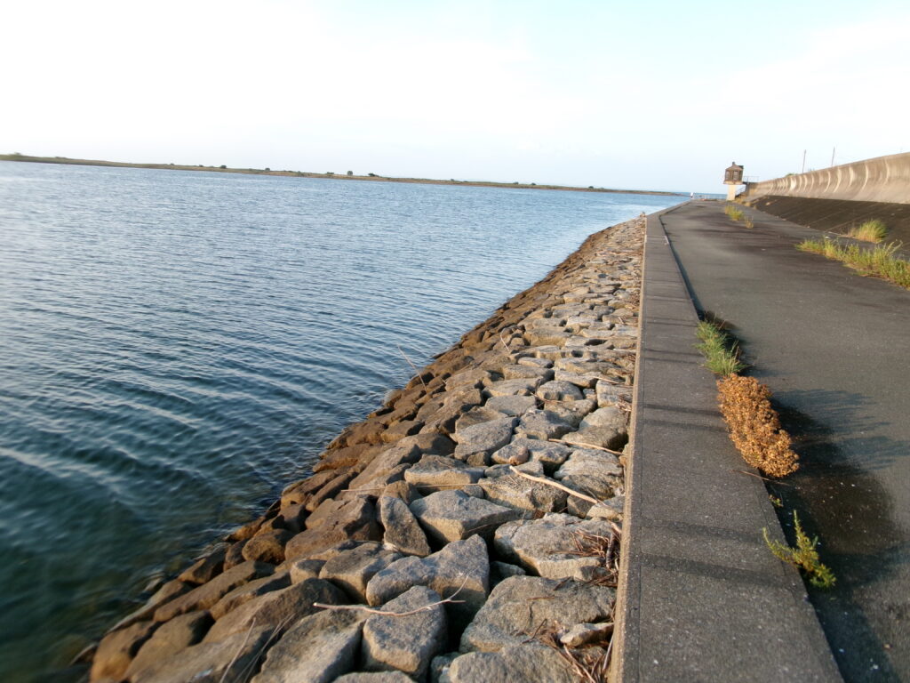 宮川河口の護岸の写真。足元の石積みが分かる。