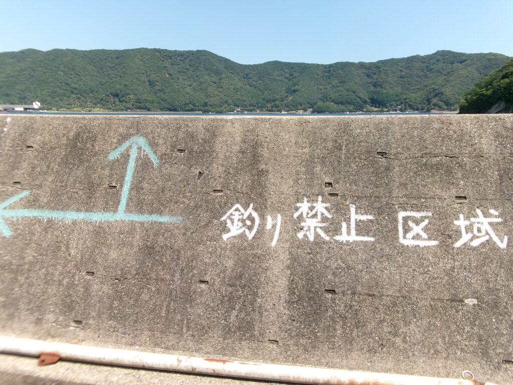 2025年8月の幻聴調査時の写真。南側堤防の入り口を写したものだが、堤防の壁面に釣り禁止区域が矢印で示されている。