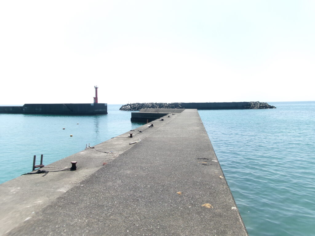 2025年9月9日の現地調査時に堤防から釣り場を撮影しています。水質がよく、クロダイの魚影が確認できました。