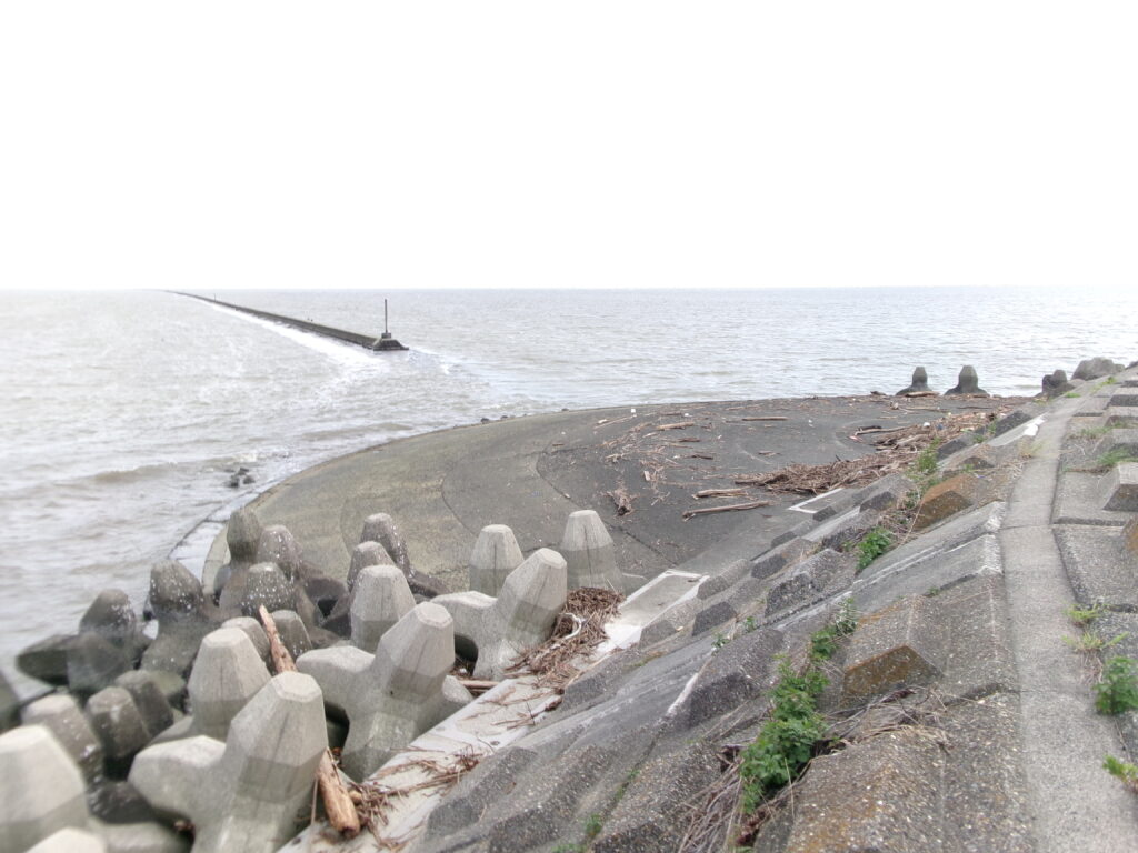 現地調査時の木曽川河口にある釣りポイント円盤の写真。足場の様子や周辺の障害物の様子が分かる。
